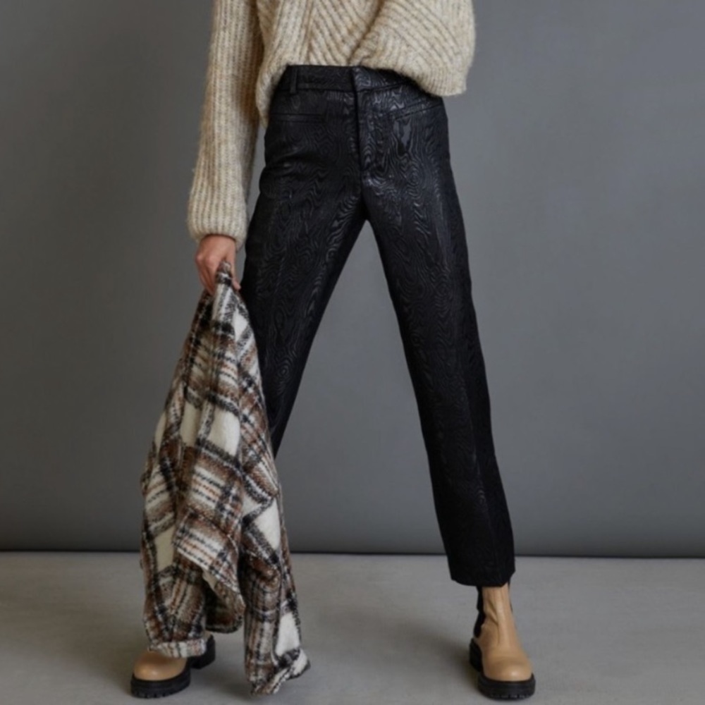 NWT Anthropologie The Essential Slim Straight High Rise Jacquard Trousers Black - Picture 1 of 8